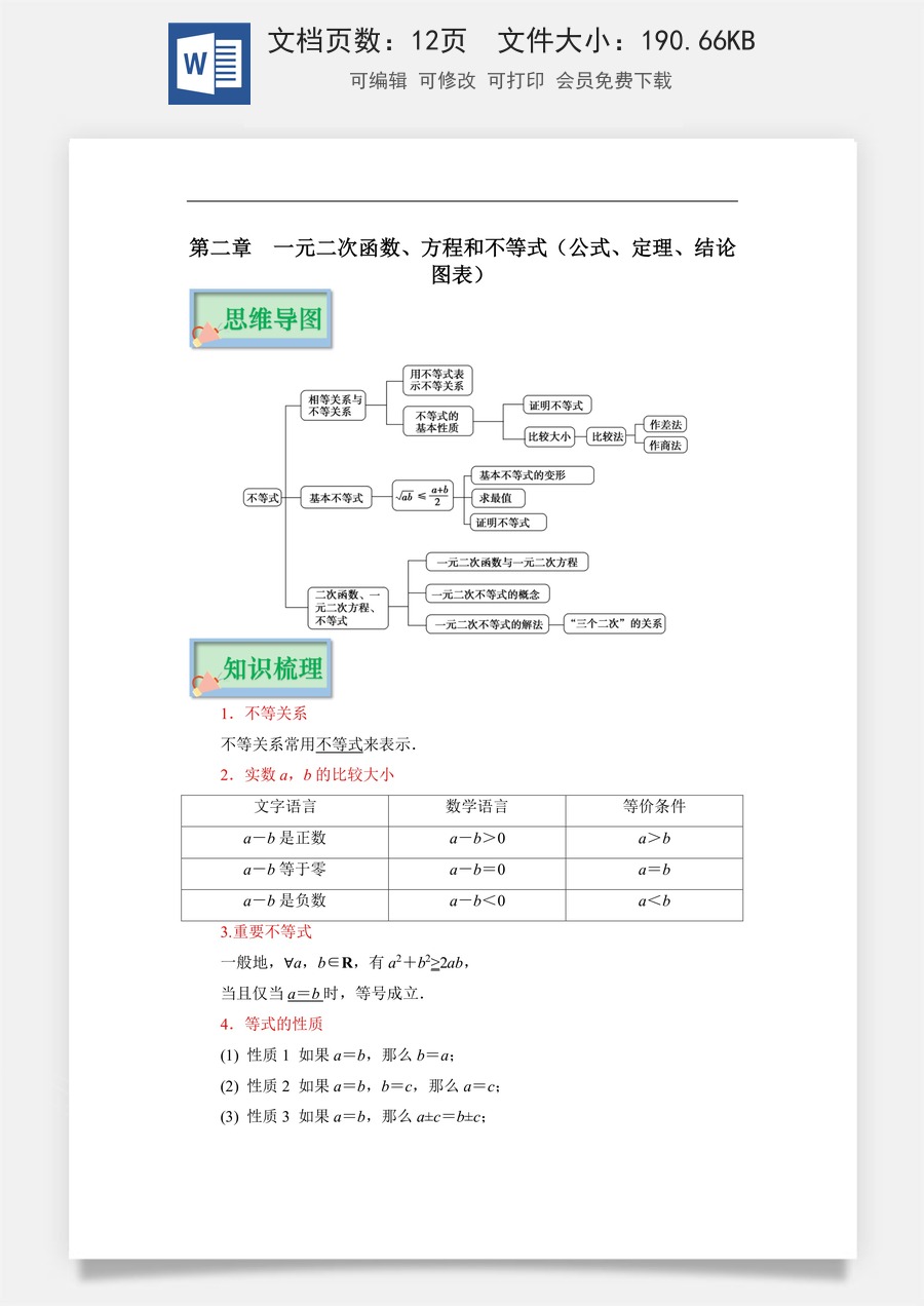 【必修】新高考-高中数学-第2章  一元二次函数 、 方程和不等式（公式、定理、结论图表）-12页.docx